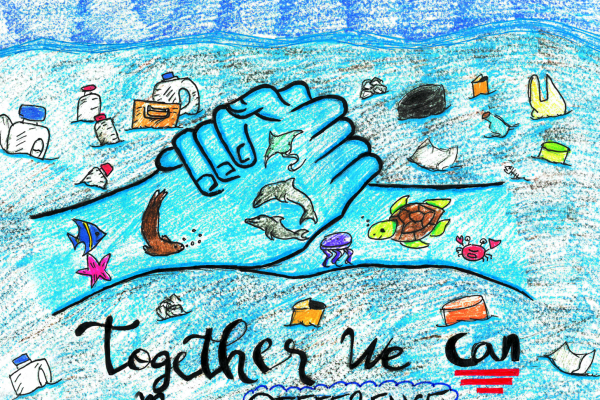 Student artwork of debris-filled ocean, with holding hands full of healthy marine life and the words "together we can make a difference."