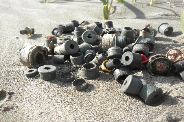 Don’t leave debris like these plastic plugs behind after your celebration. These plastic plugs come from different types of fireworks, mostly rockets. (Photo Credit: Ellen Anderson)