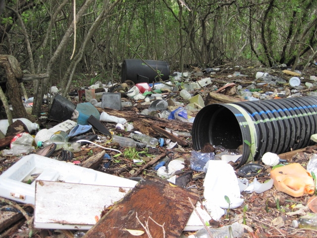 Marine debris litters a barrier island in Biscayne National Park.