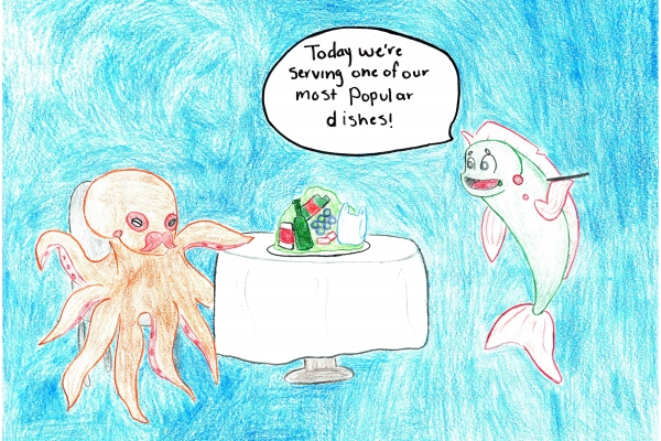 A child's drawing of an octopus at a restaurant being served marine debris.