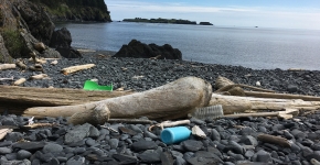 Plastic debris on a rocky beach.