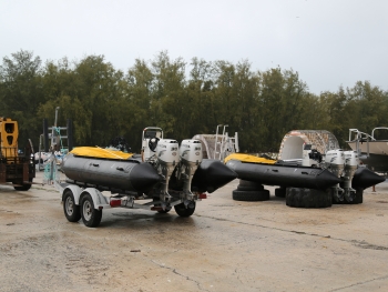 The two 17&#039; inflatable Zodiac MKIV work boats used to remove marine debris from the shorelines of the Northwestern Hawaiian Islands.