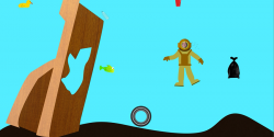 Cartoon scuba diver in sea with debris.