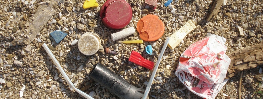 Various marine debris items on a beach.