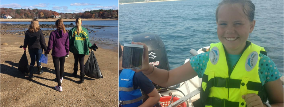 Students on a beach with bags of collected debris and a student on a boat with a surface water sample.