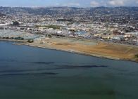 Dark oil drifts near the populated shores of Berkeley and Emerville, California.