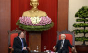 U.S. Secretary of State Michael R. Pompeo meets with General Secretary of the Communist Party of Vietnam Nguyễn Phú Trọng in Hanoi, Vietnam on July 8, 2018.