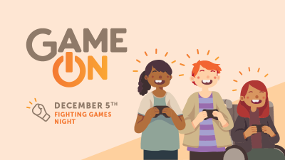 illustration of three people playing games with event information text