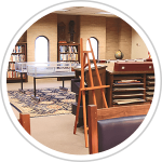 tables, chairs, and book cases