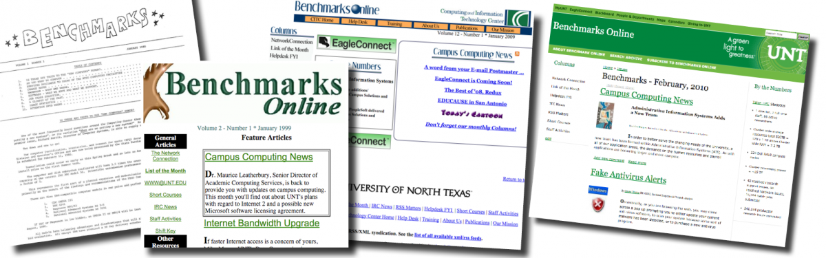 Image with various cover pages of Benchmarks from 1980 through 2016