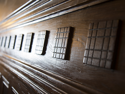 close up of woodwork along a staircase