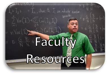 A teacher pointing at a math equation on the black board with Faculty Resources written on the photo.