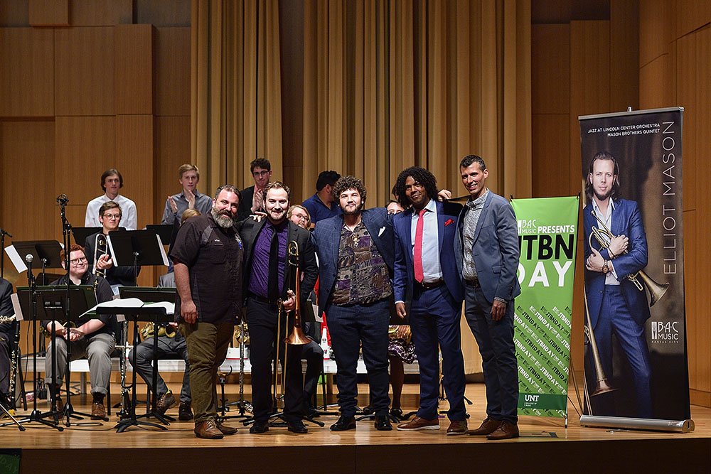Photo of BAC Instruments/University of North Texas Jazz Trombone Competition winner with others. 