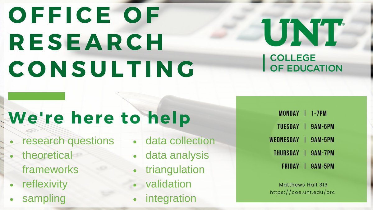 The Office of Research Consulting is here to help with research questions, theoretical frameworks, reflexivity, sampling, data collection, data analysis, triangulation, validation and integration. Visit Matthews Hall Room 313.