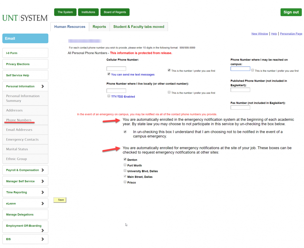 Screenshot of the 'Phone Numbers' section of my.untsystem.edu