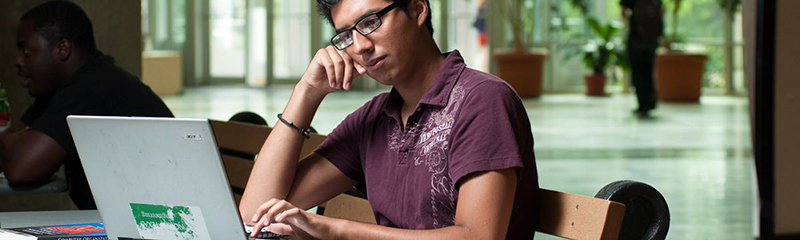 Photo of a young man looking at his laptop computer screen.