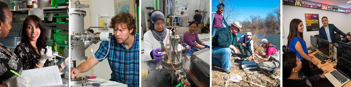 Banner of five scenes with students and faculty in class, labs or in an outdoor setting