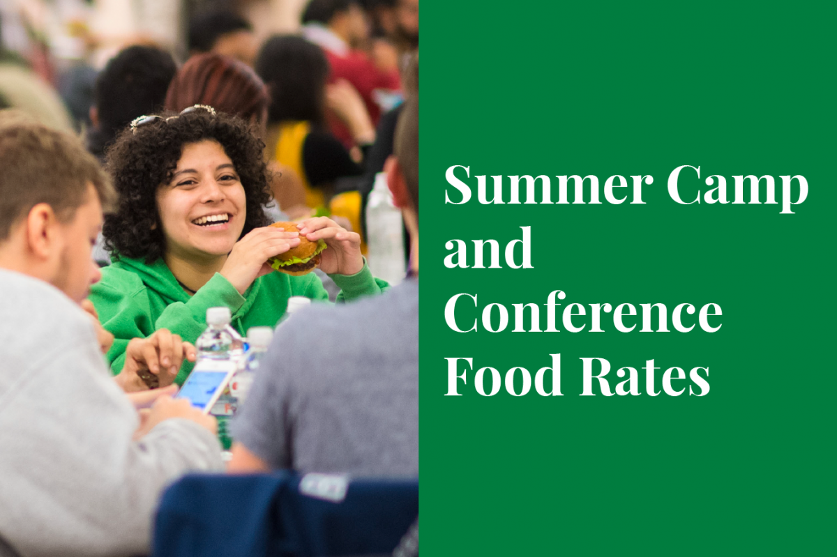 Summer Camp and conference Food Rates Link. Image features a student happily eating a hamburger with some friends.