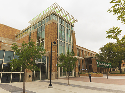 brick and glass building entrance