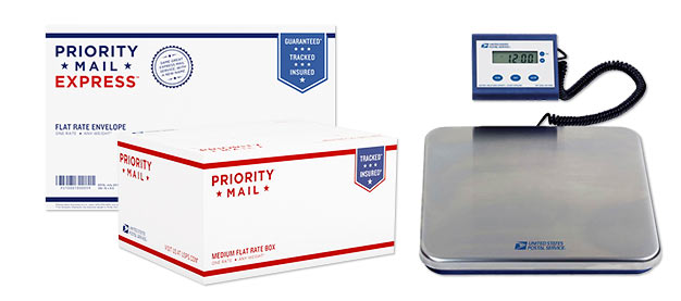 Priority Mail Express Flat Rate box, Priority Mail box, and scale.
