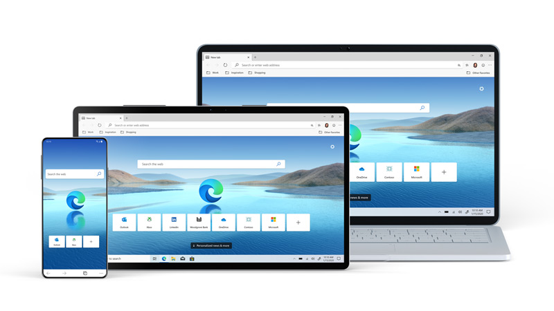 Laptop, tablet, mobile phone devices with Microsoft Edge home screen.