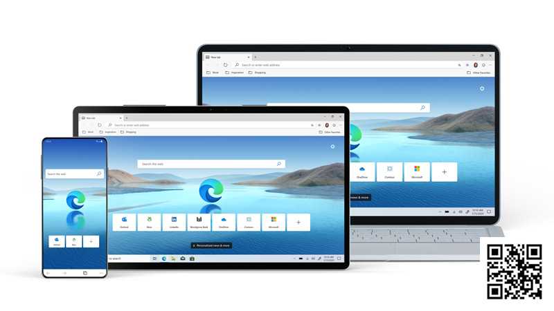 Laptop, tablet, mobile phone devices with Microsoft Edge home screen with QR code.
