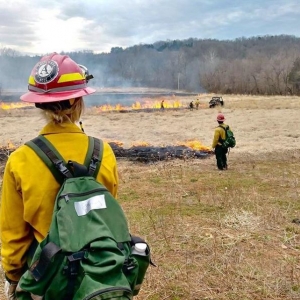 Emily Johnson looking at field of control burn. 