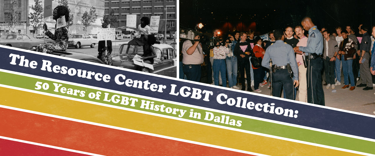 5 diagonal lines dark blue, green, yellow, orange, red cover the bottom half of the page from left to right. The other part of the page shows 2 photographs. The one on the left is in black and white of a protest. The one on the right is in color and shows a camera filming a police office talking to a group of men with a crowd of people behind them. The exhibit title is seen in the dark blue and green lines.