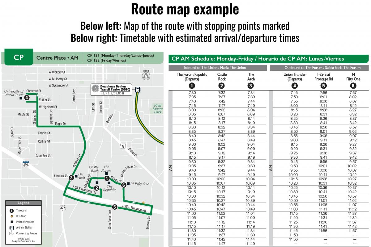 Examples of route maps founds on DCTA's website - a map and timetable