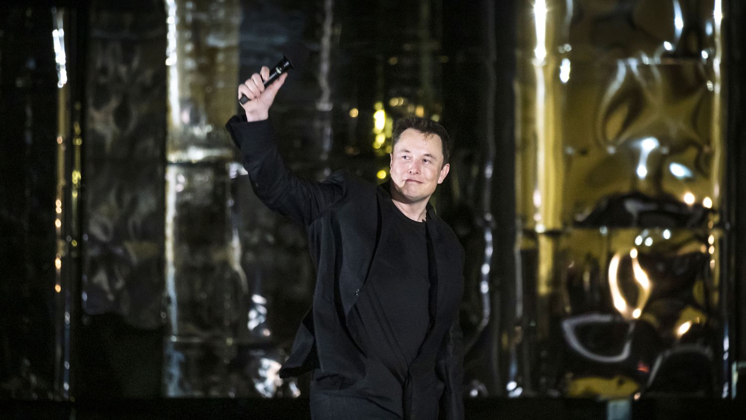 SpaceX founder Elon Musk makes a presentation in front of a prototype of the Starship spacecraft at the SpaceX Space Launch Facility in Boca Chica, Texas, on Saturday, Sept. 28, 2019.