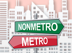 Picture of directional traffic signs pointing to metro an nonmetro areas in front of a city landscape background