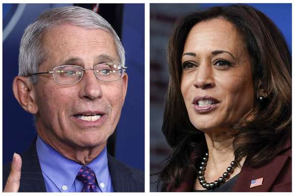 FILE - This combo of 2020 file photos shows Dr. Anotny Fauci, left, Director of the National Institute of Allergy and Infectious Diseases at the National Institutes of Health, and Vice President-elect Kamala Harris, right. Their names are listed among others atop this year's list of most mispronounced words, as complied by the U.S. Captioning Company, which captions and subtitles real-time events on TV and in courtrooms.
