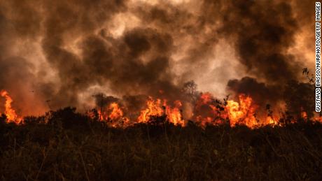 Out of control forest fire burns in the Pantanal in rural Mato Grosso, Brazil, on August 19, 2020.