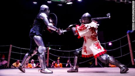 Participants dressed in historical armours fight during the WMFC Medieval fighting championship in Moscow, Russia February 23, 2020. REUTERS/Maxim Shemetov     TPX IMAGES OF THE DAY