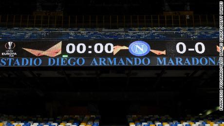 NAPLES, ITALY - DECEMBER 10: A Stadio Diego Armando Maradona sign is seen inside the stadium prior to the UEFA Europa League Group F stage match between SSC Napoli and Real Sociedad at Stadio Diego Armando Maradona on December 10, 2020 in Naples, Italy. Sporting stadiums around Italy remain under strict restrictions due to the Coronavirus Pandemic as Government social distancing laws prohibit fans inside venues resulting in games being played behind closed doors. (Photo by Francesco Pecoraro/Getty Images)