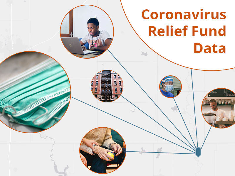 Coronavirus relief fund data and images of funded activities such as PPE purchases and online learning