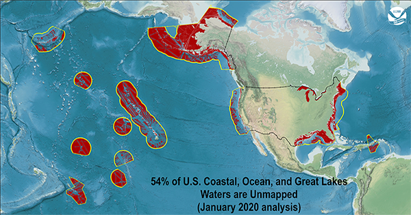 Map showing areas of U.S. waters that are unmapped.  The Great Lakes, waters off of Alaska, and many areas off the remote Pacific Islands are the least mapped