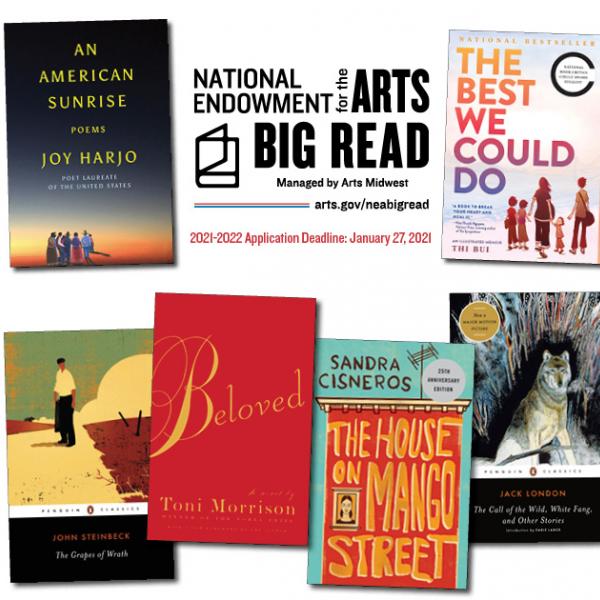 Big Read logo with book covers for An American Sunrise, The Best We Could Do, The Call of the Wild, the House on Mango Street, Beloved, and The Grapes of Wrath