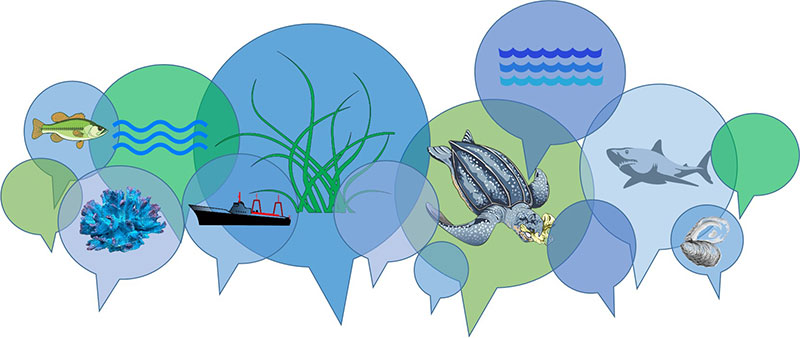 Collage of various coastal and ocean stakeholder interests depicted in callout windows, implying communication