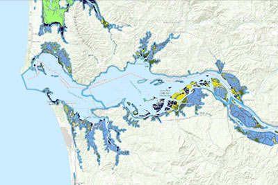 Shaded relief map that shows Pacific marine and estuarine fish habitat locations.