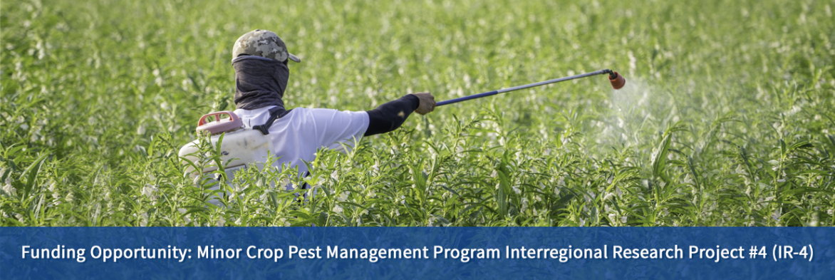 Funding Opportunity: Minor Crop Pest Management Program Interregional Research Project #4. Image of farmer spraying field, courtesy of Getty Images. Links to funding page.