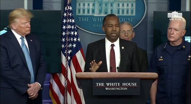 As a member of the White House Coronavirus Task Force, Secretary Carson provides an update on HUD’s work to help families and individuals impacted by the outbreak during a press briefing. Photo By: The White House Livestream