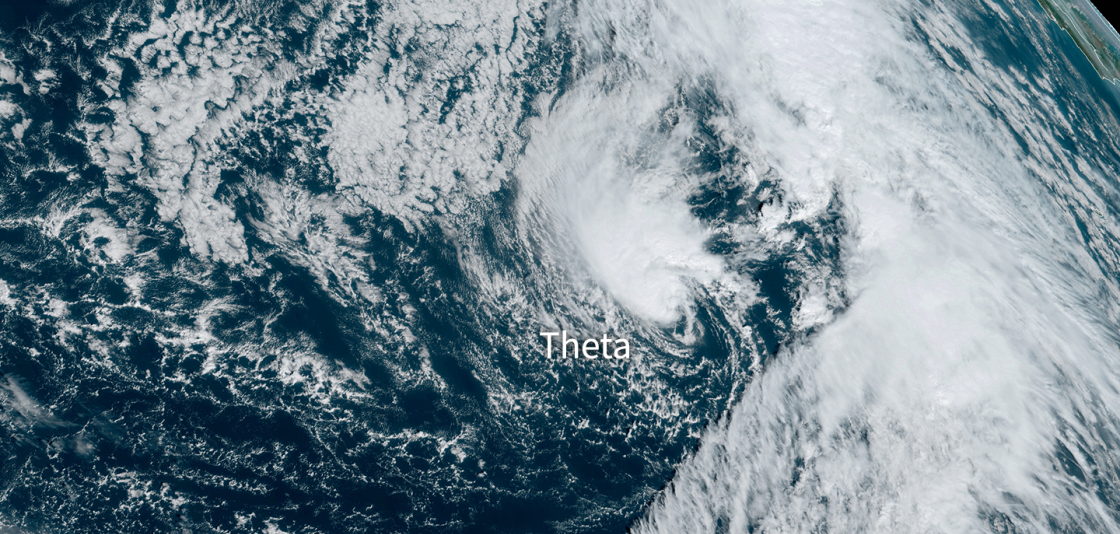 A NOAA GOES East satellite image of Subtropical Storm Theta  captured at 9:50 a.m. ET on November 10, 2020, as it swirled in the Atlantic Ocean, southwest of Portugal.