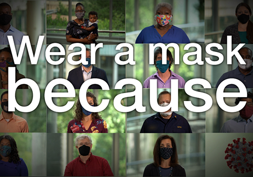 Picture tiles of people wearing a masks, with text: wear a mask because