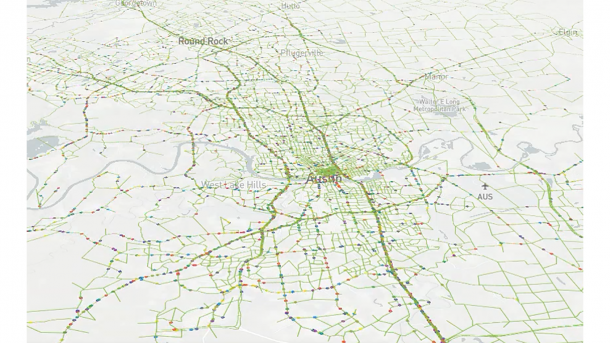 Visualizer-created image displaying a sample of 5% of vehicles moving in the Austin model. (Image by Joshua Auld / Argonne National Laboratory.)