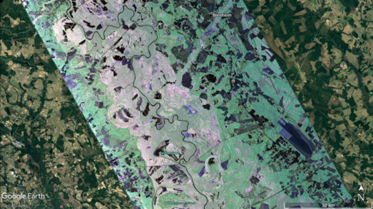 This image of Pee Dee River in South Carolina was captured by NASA’s Uninhabited Aerial Vehicle Synthetic Aperture Radar (UAVSAR) instrument aboard a September 17, 2018 science flight.