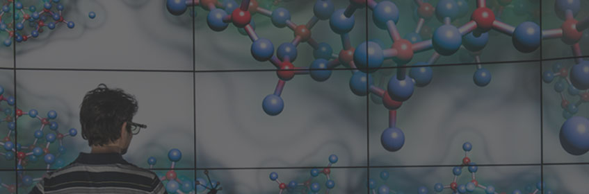 Project CAVE2 virtual environment depicting atomic structures.
