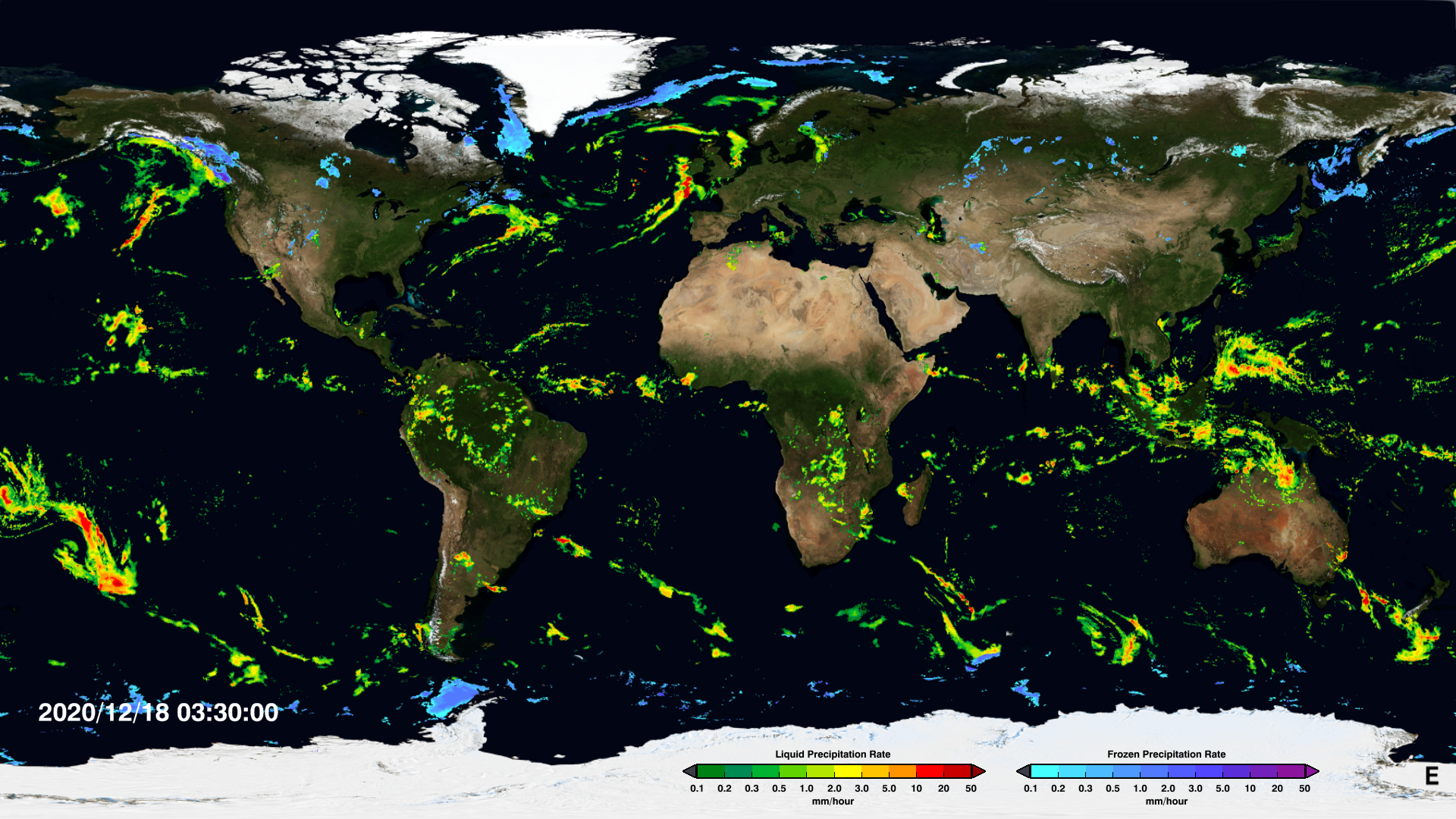 Latest half-hourly IMERG Early Run map of global precipitation