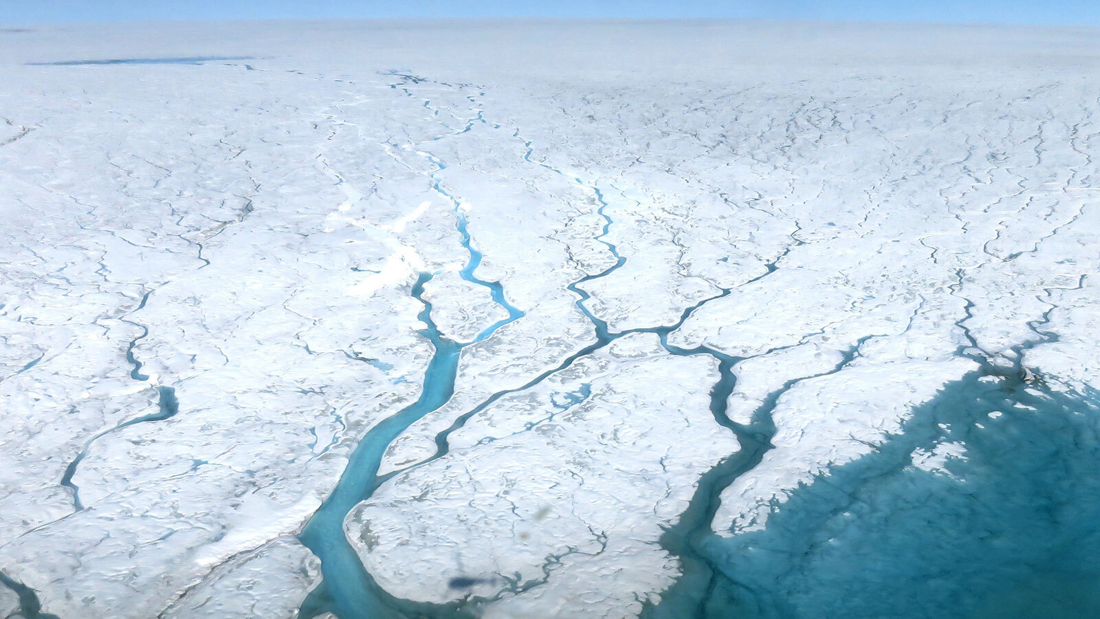 Aerial photograph of meltwater rivers branching out across the Greenland Ice Sheet
