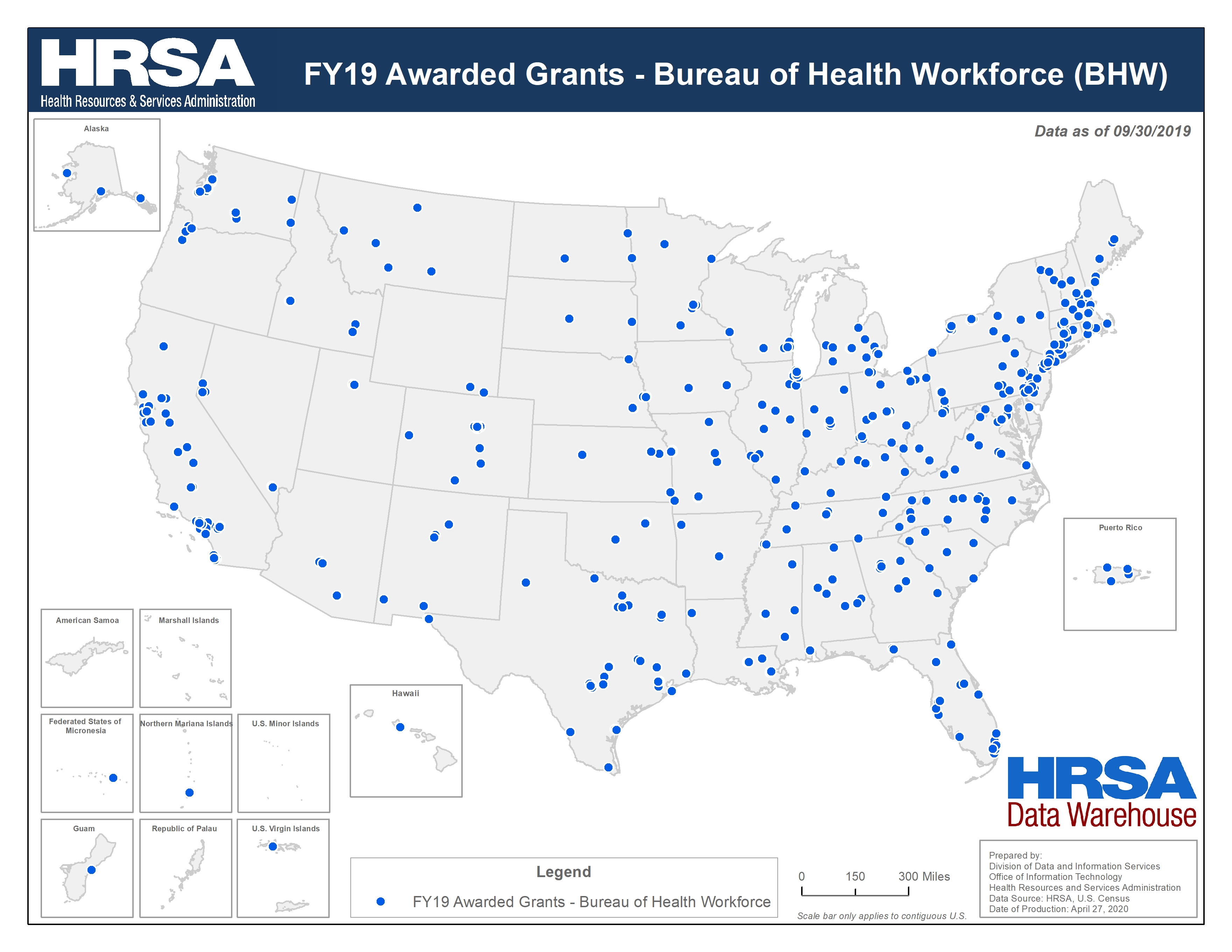 Preview Map of FY19 Awarded Grants - Bureau of Health Workforce (BHW)
